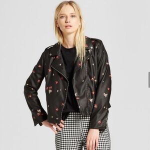 Who What Wear Black Leather Jacket with Floral Embroidery